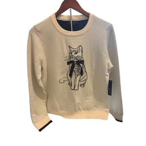On 12th Womens Cream Cat Embroidered Knit Sweater Rhinestone Bow Size L